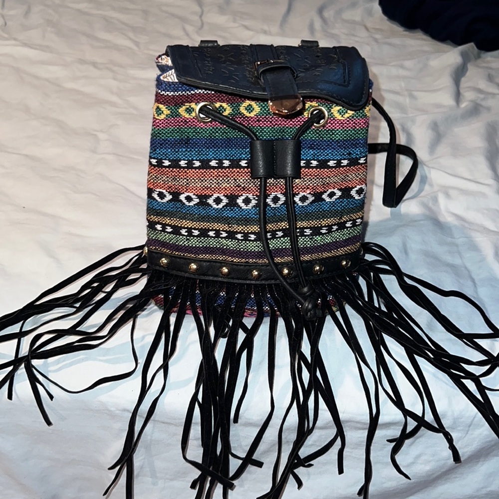 Boho Fringe Woven Crossbody Bag - Black Trim
